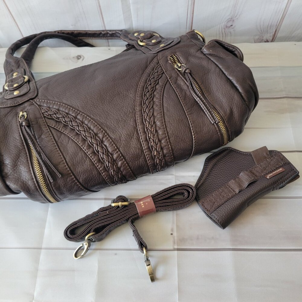 Montana West Braided Vegan Leather Concealed Carry Shoulder Hobo Bag Purse Brown - Picture 10 of 13